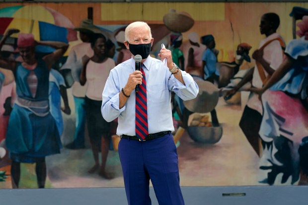 Democratic presidential candidate former Vice President Joe Biden speaks at the Little Haiti Cultural Center on Oct. 5, 2020. (Andrew Harnik/Associated Press)