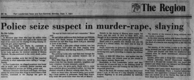 A 1981 news clipping on Doyle's arrest for murder.