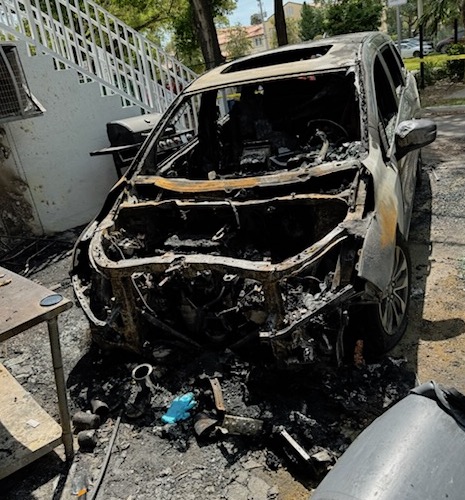 Rabbi Chaim Slavaticki's van was burnt down to the frame, however the Siddur that sat in between the two front seats miraculously stayed intact.Photo courtesy of Las Olas Chabad Jewish Center