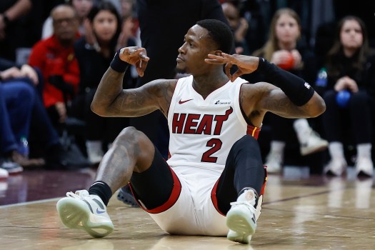 Miami Heat guard Terry Rozier celebrates after making a three point basket and getting fouled against the Cleveland Cavaliers during the second half of an NBA basketball game, Wednesday, March 20, 2024, in Cleveland. (AP Photo/Ron Schwane)