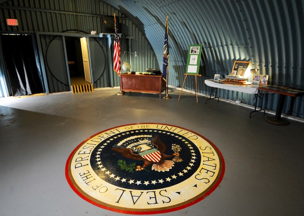 The presidential seal inside the bunker built in 1961 for President John F. Kennedy as a radiation-proof haven near his Palm Beach home, on Peanut Island, Fla., Sept. 20, 2011. (Peter W. Cross/The New York Times)