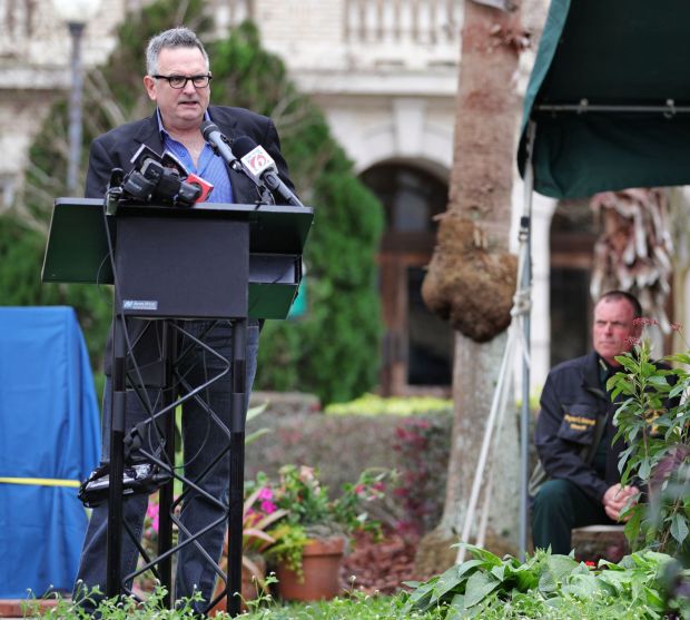 Author Gilbert King delivers remarks during the dedication ceremony for the Groveland Four monument in front of the Lake County historical courthouse in Tavares, Fla., Friday, February 21, 2020. DeSantis, elected officials, family members and community leaders participated in the ceremony, honoring the four men who were falsely accused of a rape in 1949. (Joe Burbank/Orlando Sentinel)