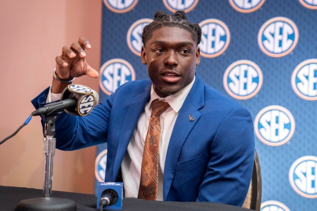 Florida running back Montrell Johnson Jr. speaks during July 17 during SEC media days in Dallas. (AP Photo/Jeffrey McWhorter)