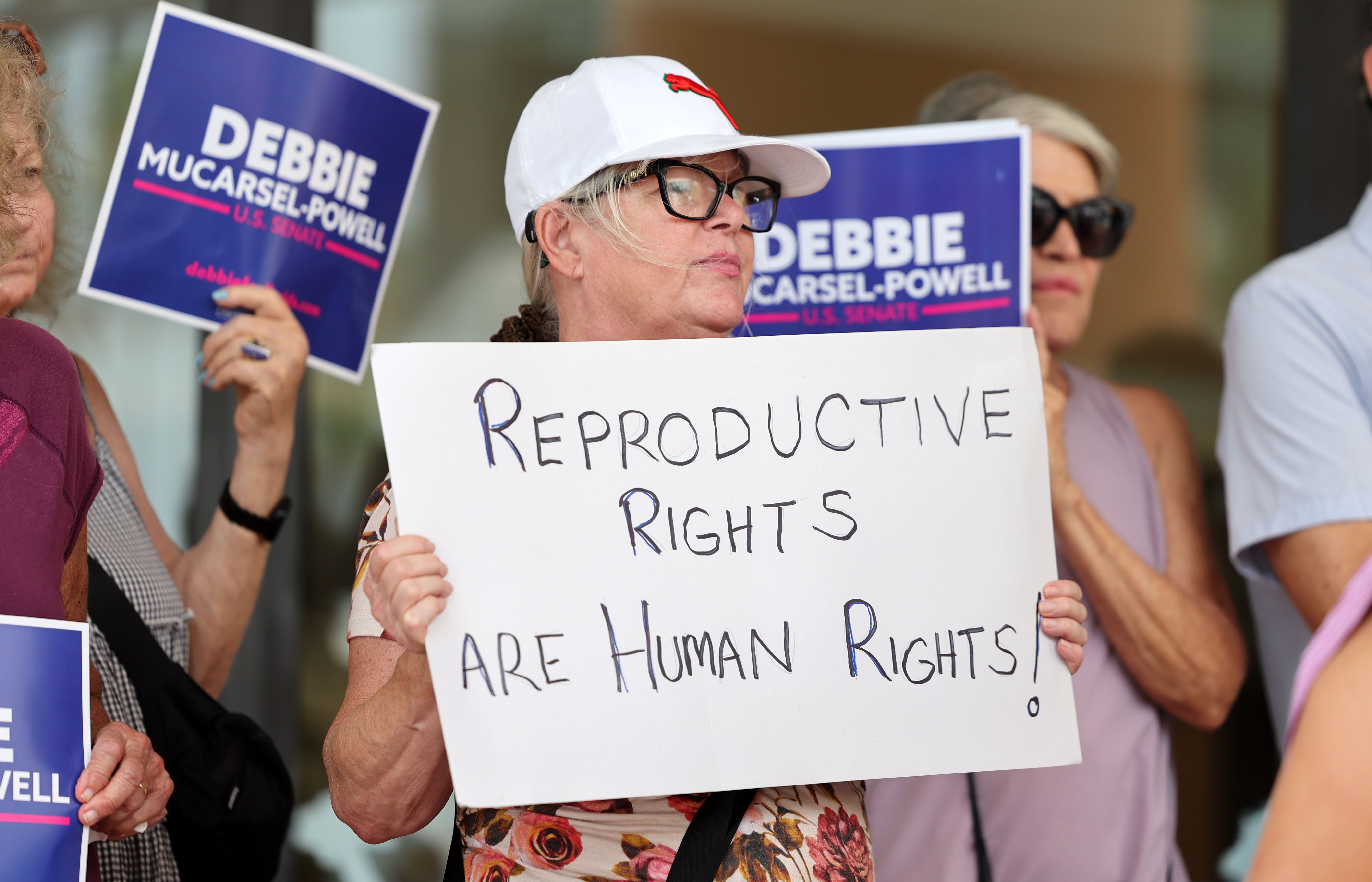 Cynthia Fardella of Fort Lauderdale, shows her support for abortion rights at an event outside the Broward Governmental Center Fort Lauderdale on June 24, 2024. (Carline Jean/South Florida )Sun Sentinel)