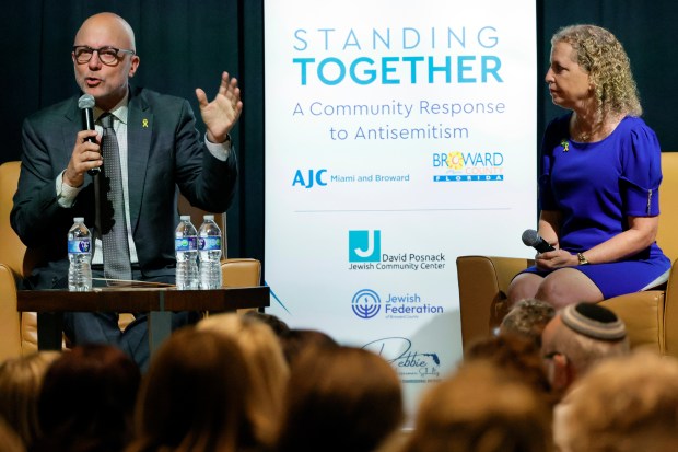 American Jewish Committee CEO Ted Deutch speaks on a panel with U.S. Rep. Debbie Wasserman Schultz during a conversation about antisemitism at the David Posnack JCC in Davie on Monday, May 20, 2024. (Amy Beth Bennett / South Florida Sun Sentinel)