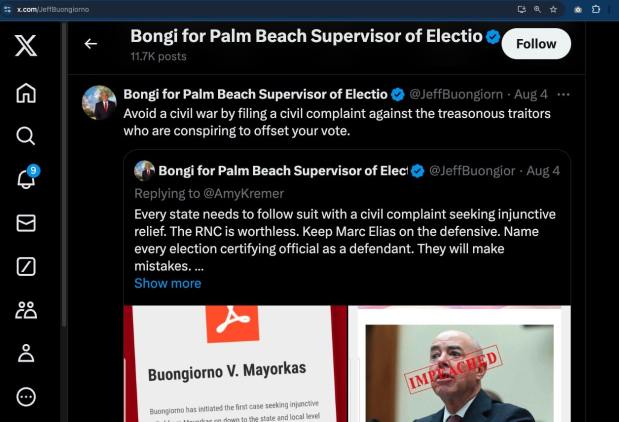 In a post on X, formerly Twitter, Republican Palm Beach County Supervisor of Elections candidate Jeffrey Buongiorno predicted civil war over elections officials conspiring to allow illegal immigrants to vote. (screenshot from X)