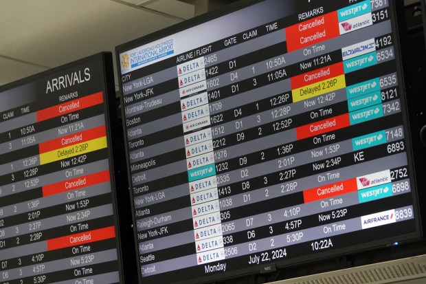 Cancelled flights are seen at the Terminal 2 baggage area at Fort Lauderdale-Hollywood International Airport on Monday, July 22, 2024. A global technology outage from last week is still hampering Delta Airlines. (Joe Cavaretta/South Florida Sun Sentinel)