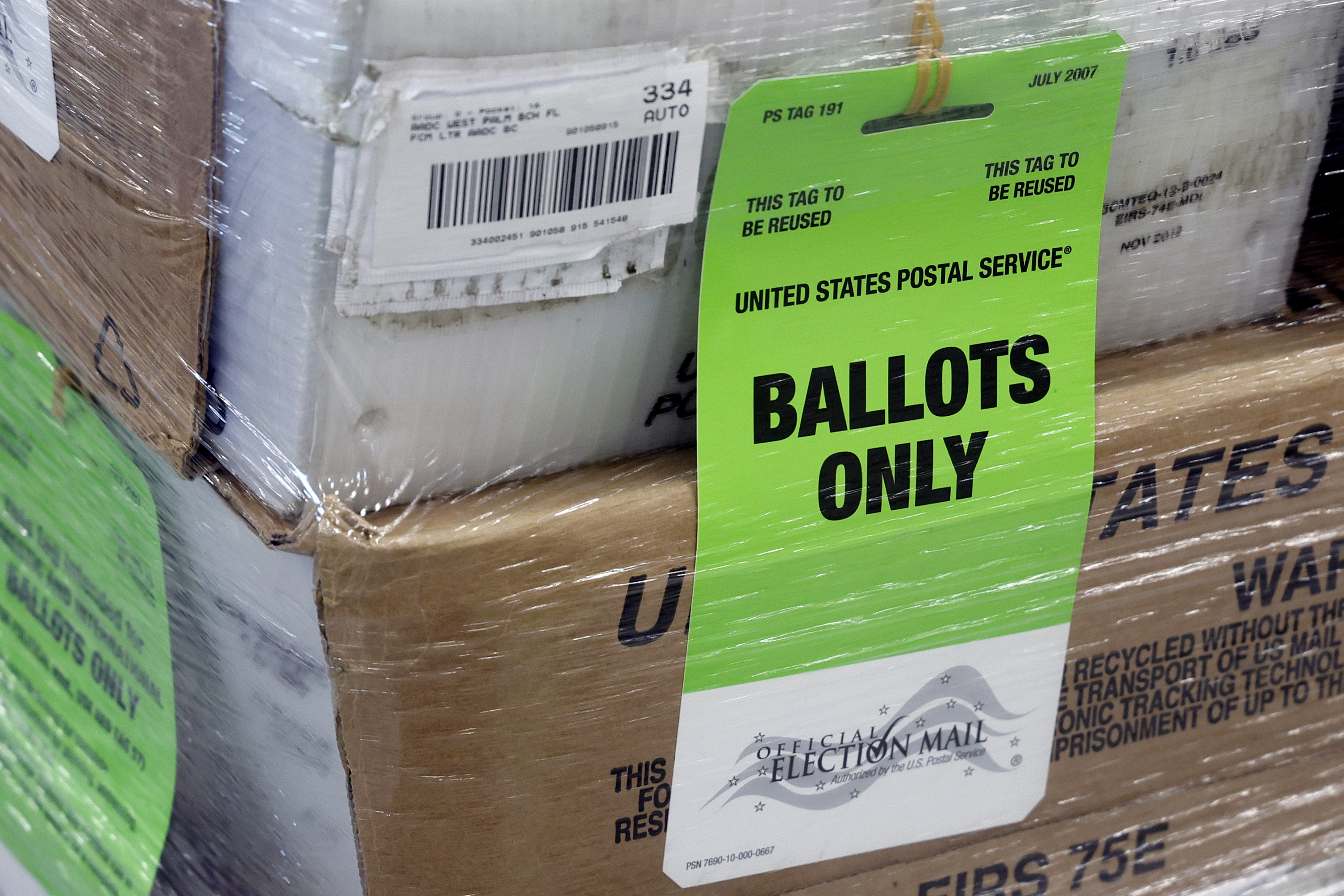 Mail ballots are shown wrapped for shipping at the Palm Beach County Supervisor of Elections Office in West Palm Beach on Friday, July 12, 2024. (Amy Beth Bennett / Sun Sentinel)