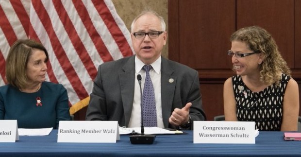 U.S. Rep. Nancy Pelosi of California (left) when she was Democratic leader in the 115th Congress between terms as House speaker; then-U.S. Rep. Tim Walz, in his last term in Congress in 2017-2018 before becoming Minnesota governor, and U.S. Rep. Debbie Wasserman Schultz of Florida. Wasserman Schultz praised Walz, who is Vice President Kamala Harris' selection as her 2024 vice presidential running mate. (U.S. House of Representatives/courtesy)