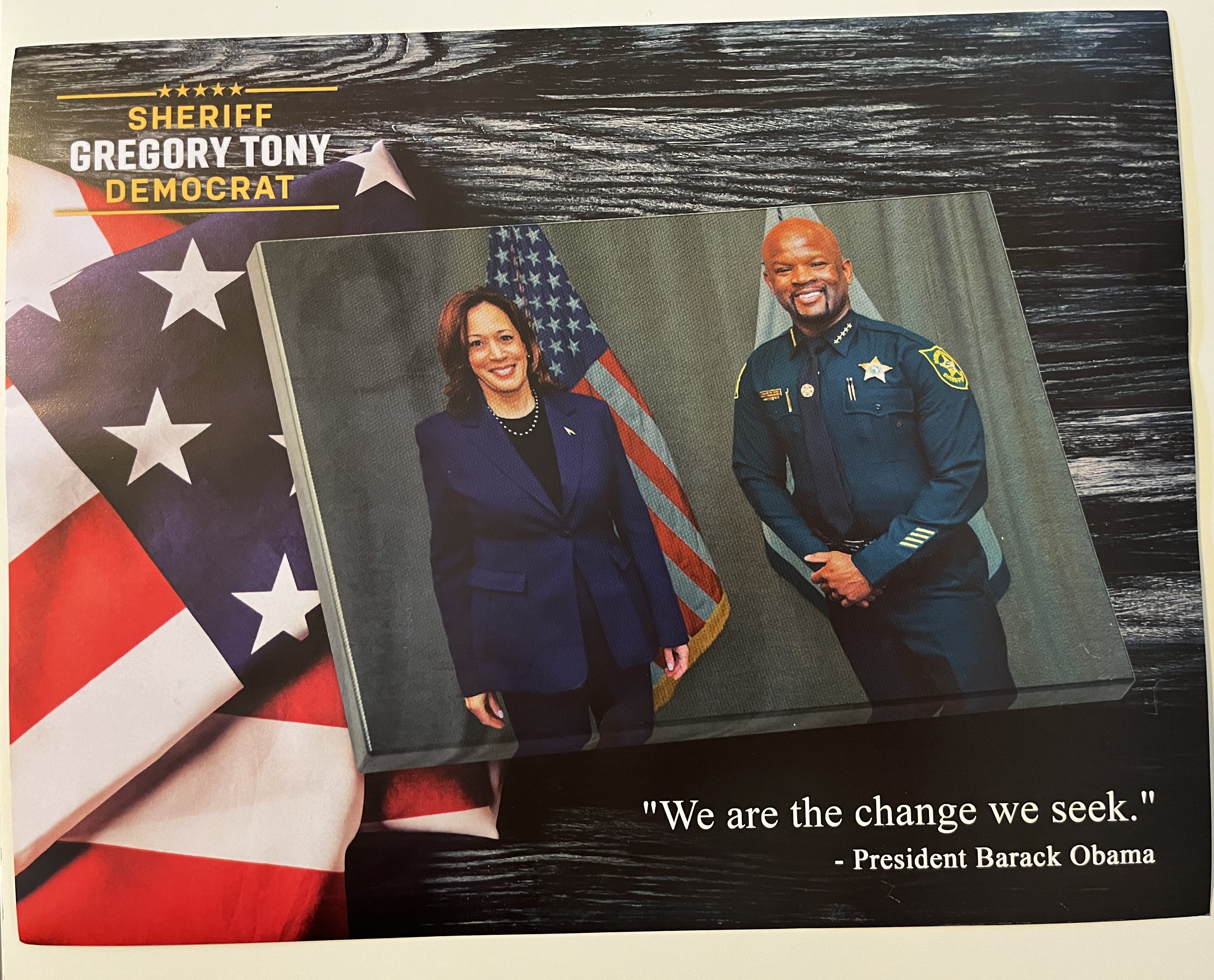 Broward Sheriff Gregory Tony’s Broward First political action committee sent a mailer to Democratic voters, in advance of the Aug. 20 four-way primary for sheriff, featuring him with Vice President Kamala Harris. The Tony-Harris picture was taken in March on the day she visited the site of the Marjory Stoneman Douglas High School massacre. (Staff/South Florida Sun Sentinel)