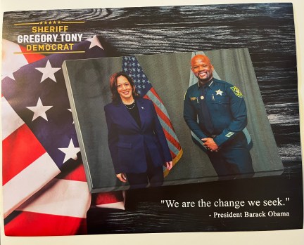 Broward Sheriff Gregory Tony’s Broward First political action committee sent a mailer to Democratic voters, in advance of the Aug. 20 four-way primary for sheriff, featuring him with Vice President Kamala Harris. The Tony-Harris picture was taken in March on the day she visited the site of the Marjory Stoneman Douglas High School massacre. (Staff/South Florida Sun Sentinel)