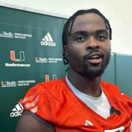 Hurricanes defensive back Mishael "Meesh" Powell speaks to reporters after practice on Friday. Powell, who transferred from Washington to Miami, is expected to be a key defensive back for UM this season. (Adam Lichtenstein / South Florida Sun Sentinel).