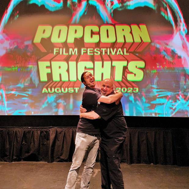 Festival founders Igor Shteyrenberg, left, and Marc Ferman at a 2023 Popcorn Frights event. (Igor Shteyrenberg/Popcorn Frights/Courtesy)