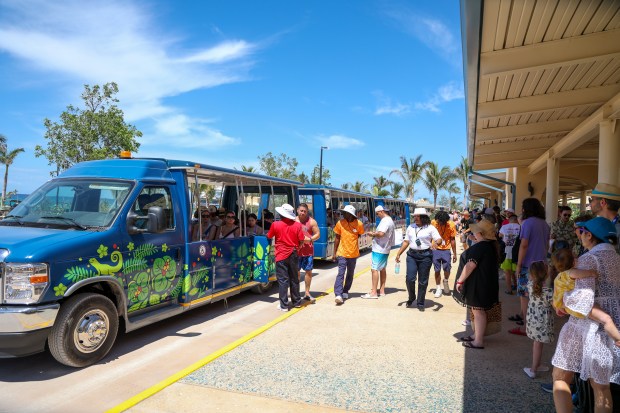 Disney Cruise Line guests board a tram that will take them to the main beach and visitor area of Lookout Cay at Lighthouse Point on the island of Eleuthera in The Bahamas, on Saturday, June 8, 2024. (Rich Pope/Orlando Sentinel)