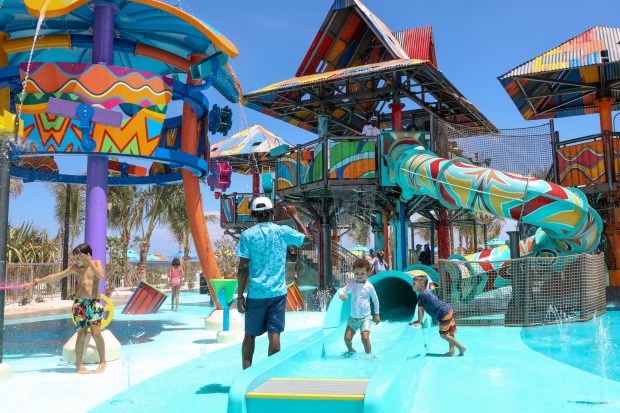 Rush Out, Gush Out Water Play, pictured Saturday, June 8, 2024, is a water play area for all ages featuring slides and various water features to cool off in while at Lookout Cay at Lighthouse Point, Disney Cruise Line's newest exclusive destination on the island of Eleuthera in The Bahamas. (Rich Pope/Orlando Sentinel)