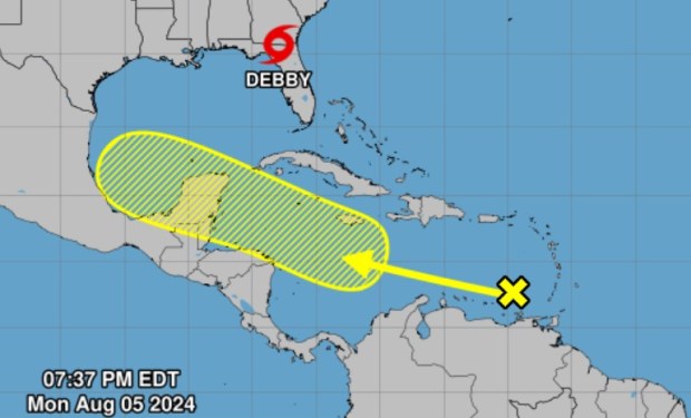 The National Hurricane Center is tracking Tropical Storm Debby and monitoring a tropical wave over the eastern Caribbean Sea that could develop in the next week as of 8 p.m. Monday, Aug. 5, 2024. (National Hurricane Center)