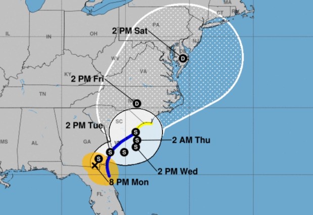 Tropical Storm Debby's forecast cone as of 8 p.m. Monday, Aug. 5, 2024. (National Hurricane Center/Courtesy)