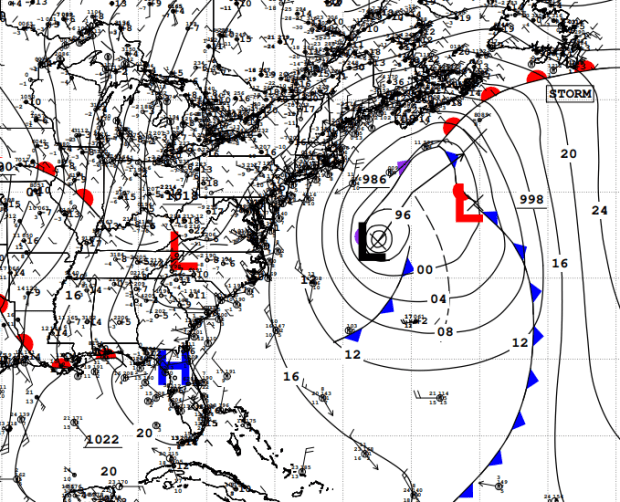 This marine forecast from Jan. 16 shows a low pressure area of the Atlantic Coast. The National Hurricane Center says a system in this area in January should have been classified as a sub-tropical storm. (NOAA/National Hurricane Center)